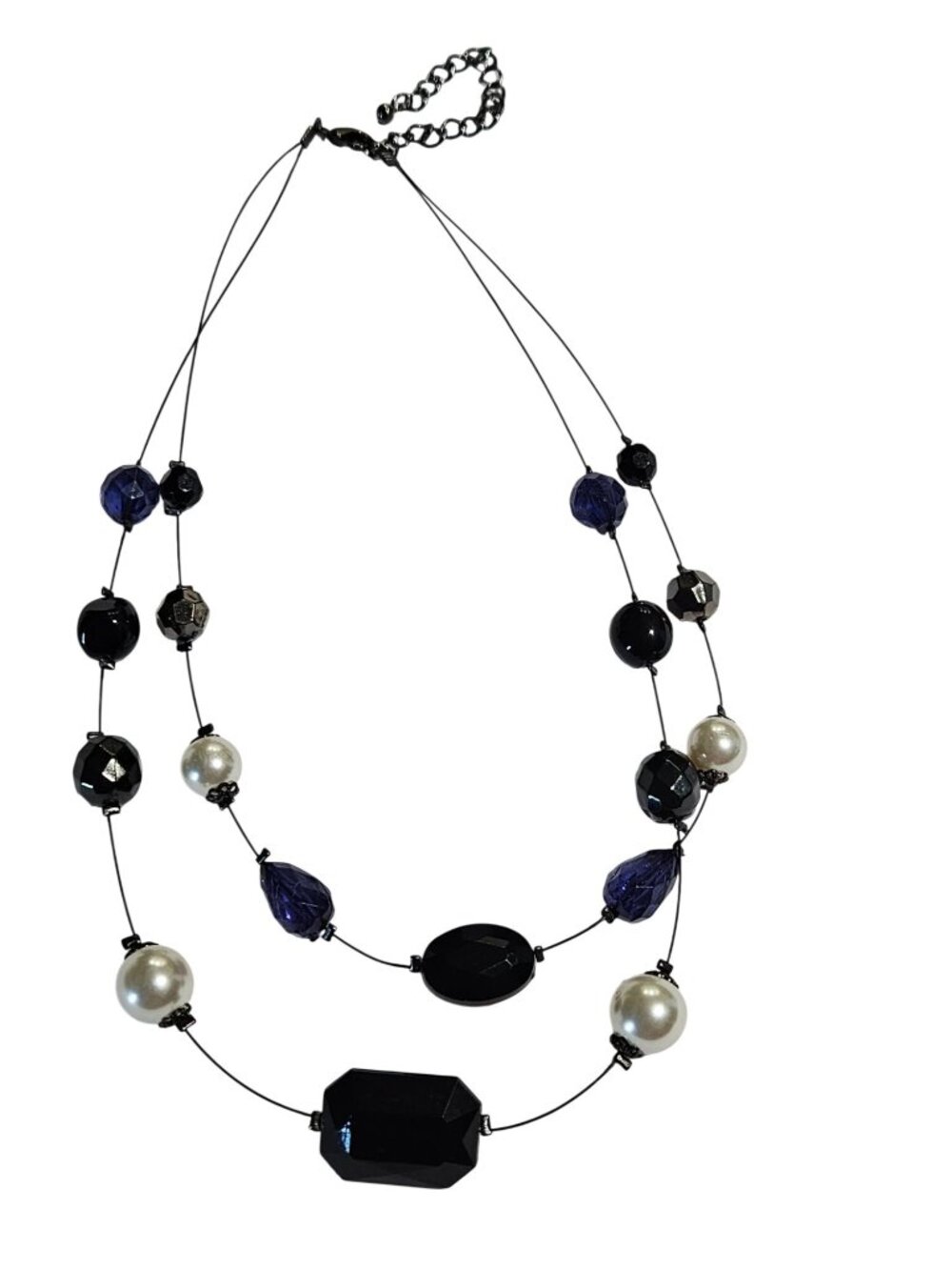 2 Strand Plastic Beaded Black Wire Necklace Faux Pearls Purple 15 inches 17 inch